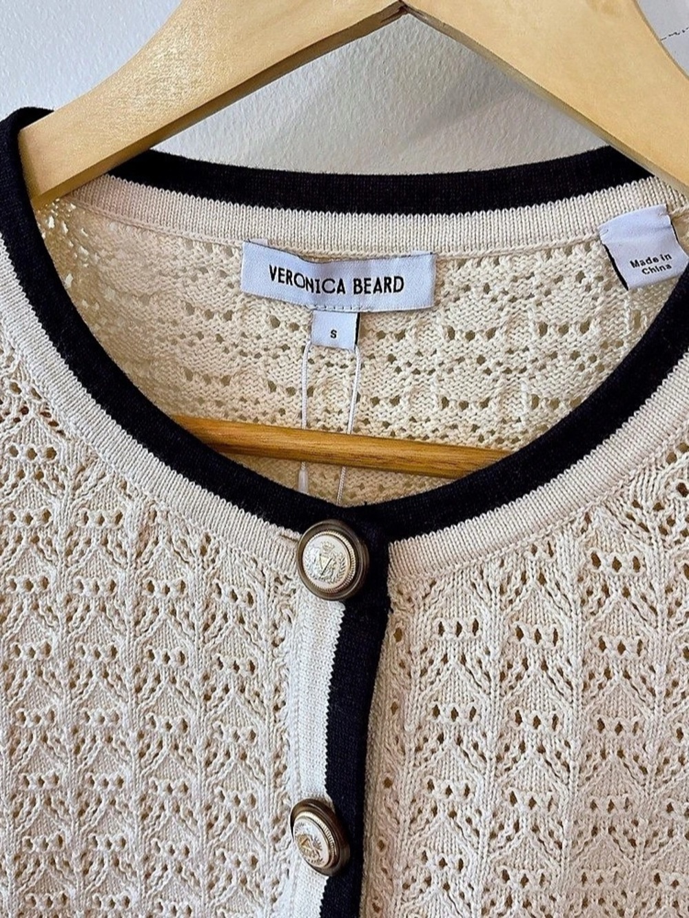 Veronica Beard Pipes & Shawl Cardigan Cream & Black Cotton Cashmere Cardigan - Picture 2 of 8